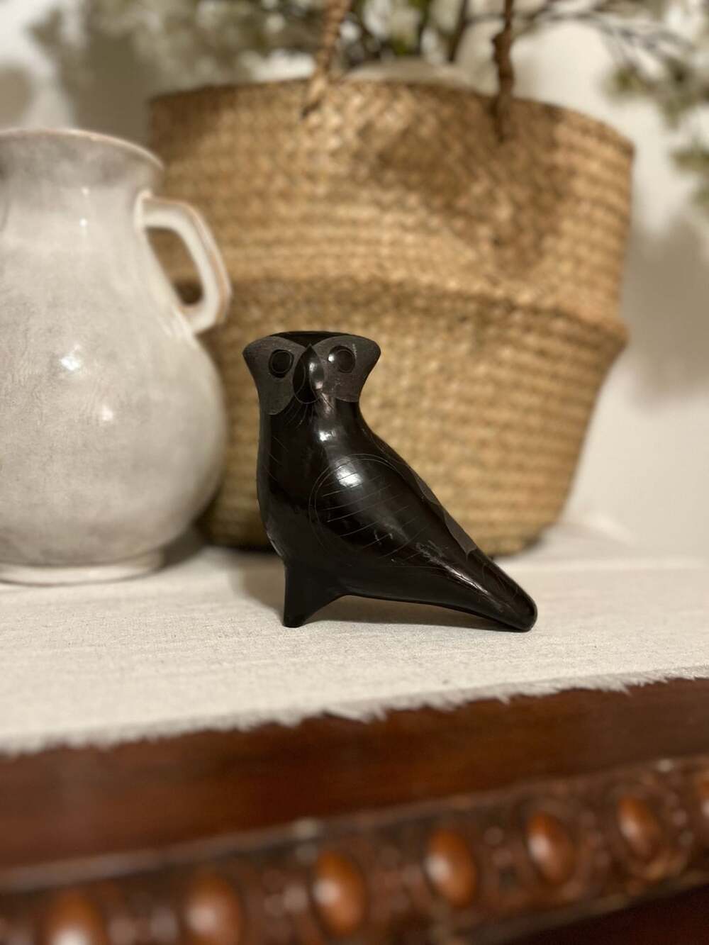 Mexican Folk Art Etched Blackware Pottery Owl Figurine